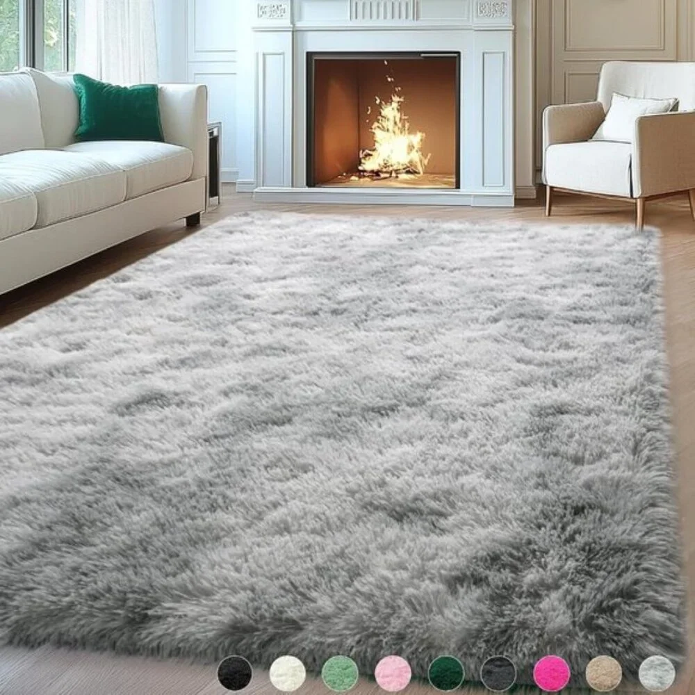 New 8x10 Grey Tie-Dye Area Rug, Fluffy Non-Slip Shag Carpet for Living Room